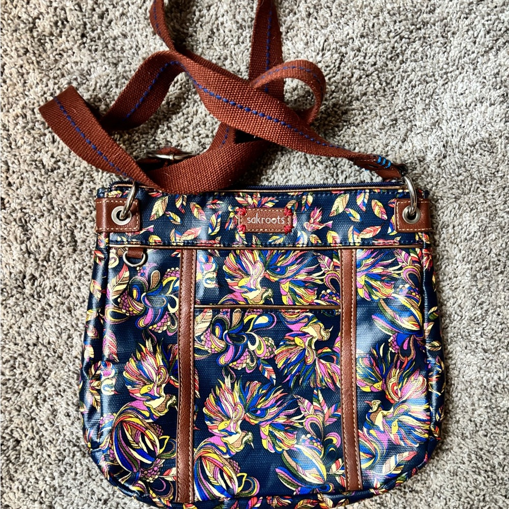 Sakroots Navy Multicolor Floral Crossbody with Brown Trim